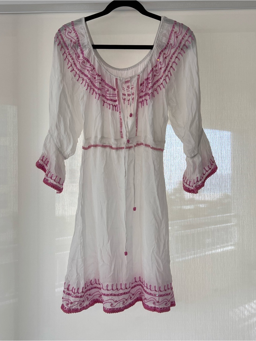 White Boho Dress/Cover-up with pink embroidered trim and subtle beading